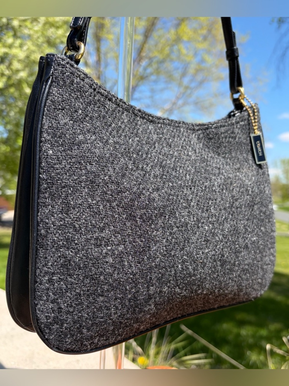 Vintage COACH Wool Hobo Small Charcoal Grey Black Leather 8308 EUC - Picture 4 of 17